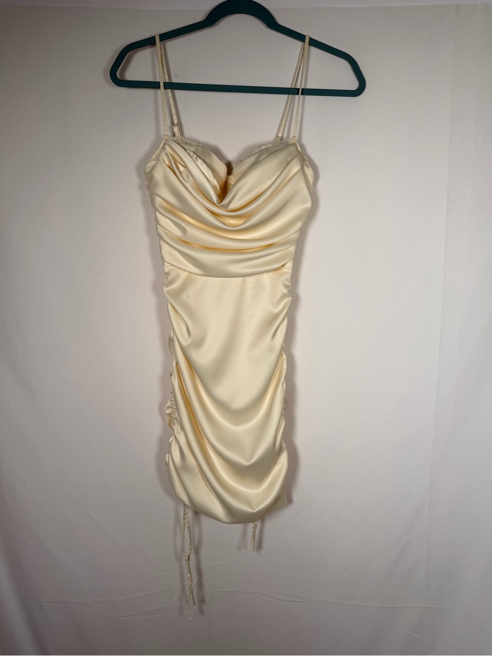 Oh Polly 'All For You' lace trim satin mini dress butter yellow - coquette
